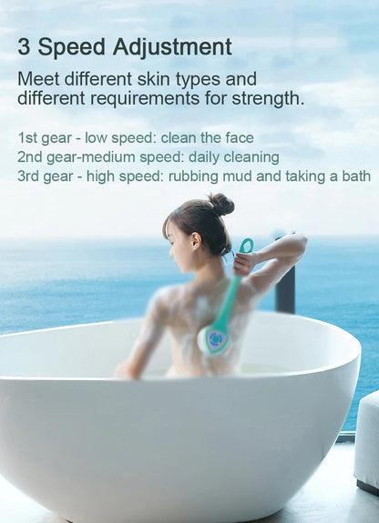 5 in 1 Electric Shower Cleaning Brush Set Rechargeable Long Handle Silicone Back Rubbing Brush for Bath Body Cleaning & Massage