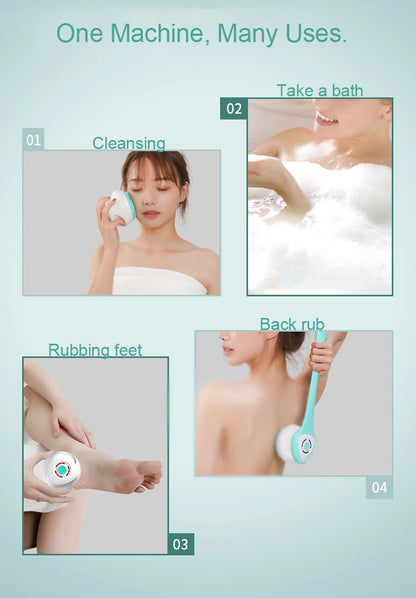 5 in 1 Electric Shower Cleaning Brush Set Rechargeable Long Handle Silicone Back Rubbing Brush for Bath Body Cleaning & Massage